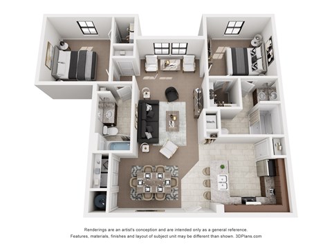 Floor plan for 2 beds, 2 baths, 1017 sqft